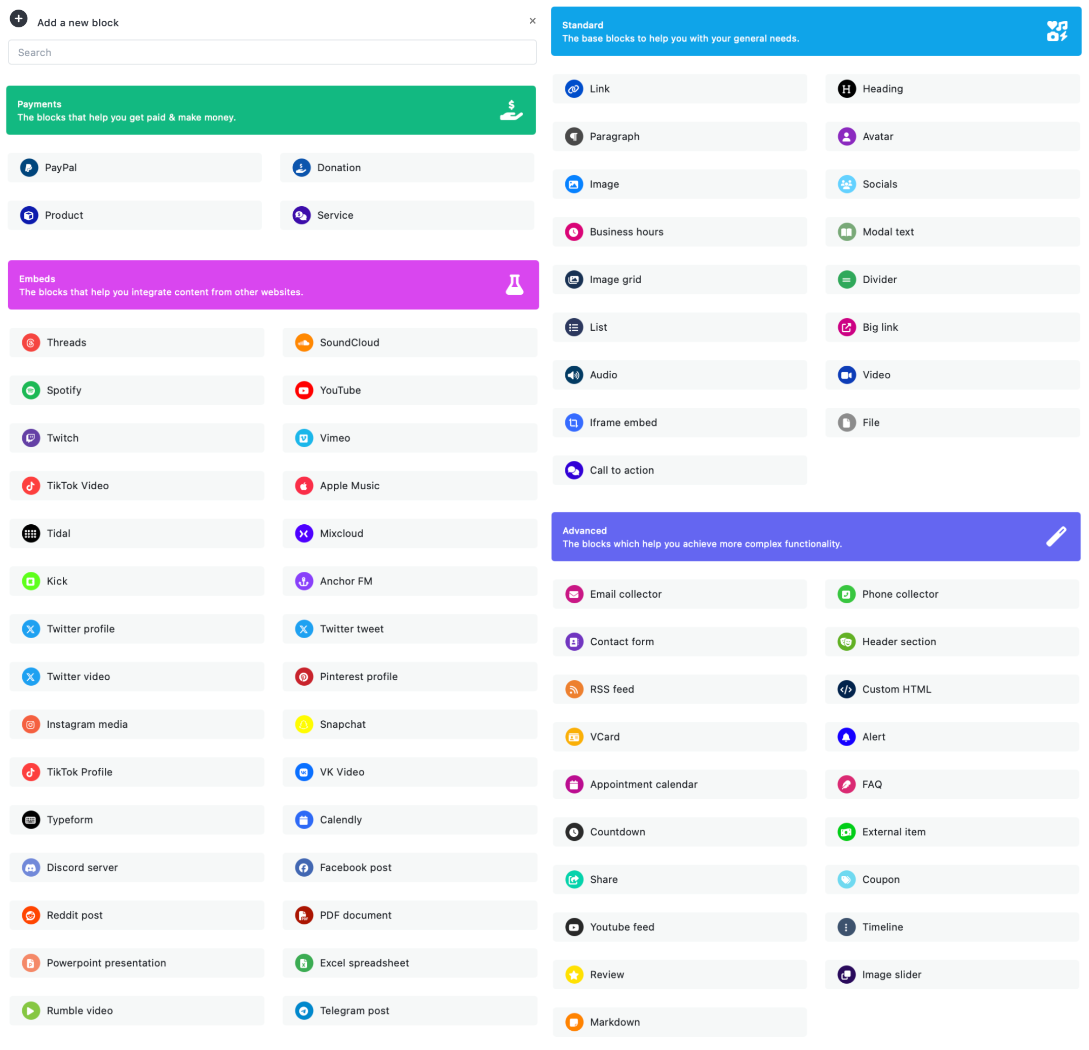 Screenshot of the app biolink editing page