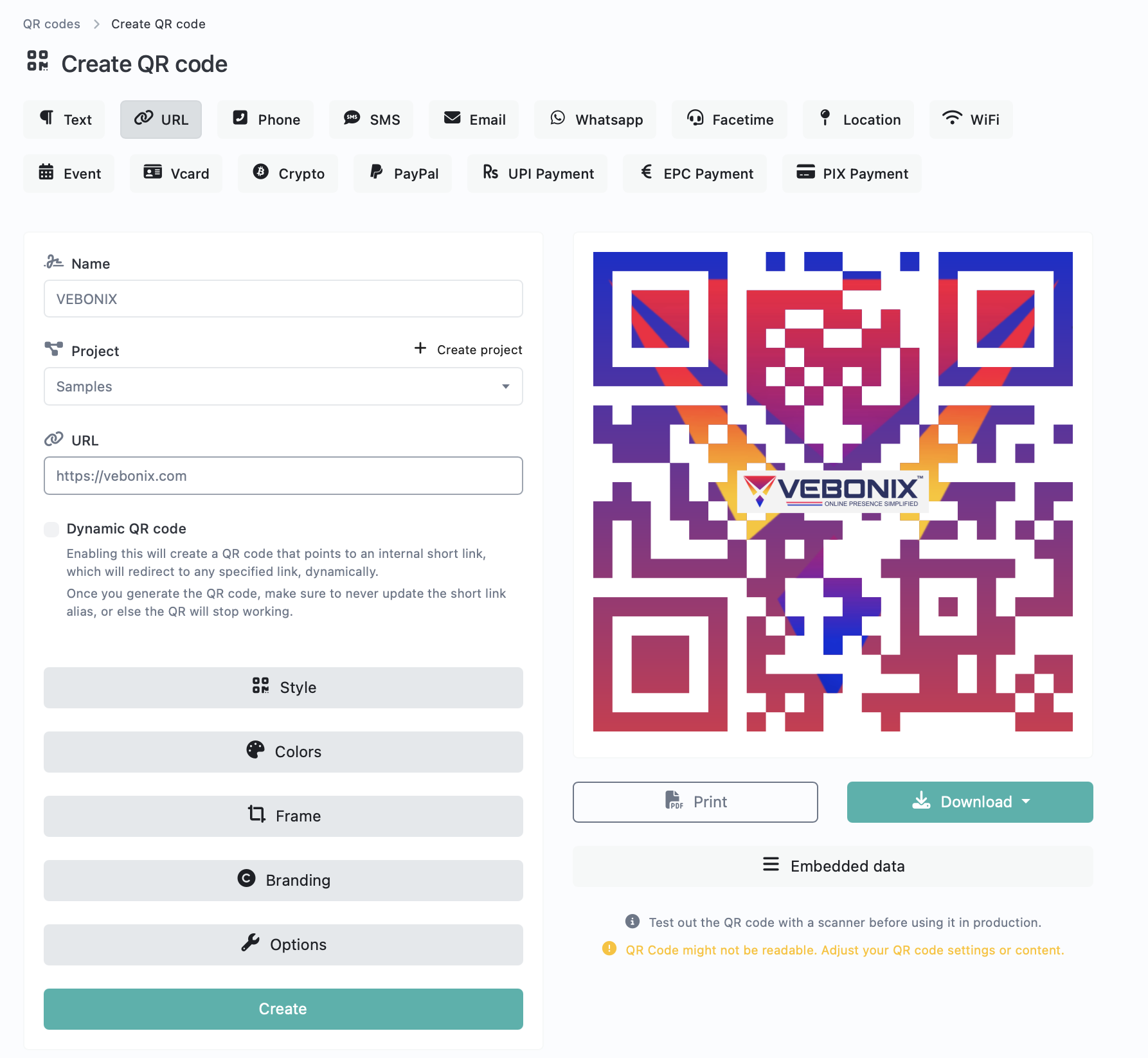 Screenshot of the app QR code system page