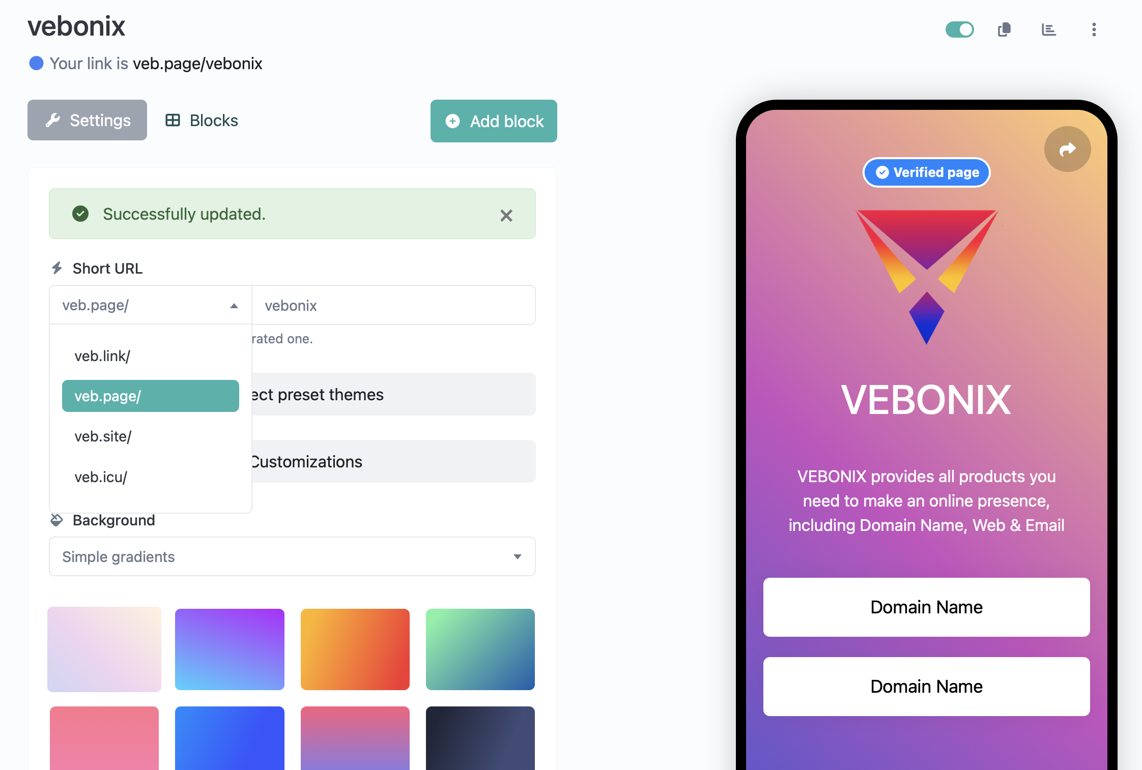 Screenshot of the app biolink editing page